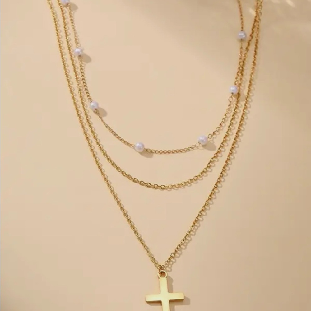 Gold Layered Cross Necklace with Pearl Accent - Picture 2 of 4